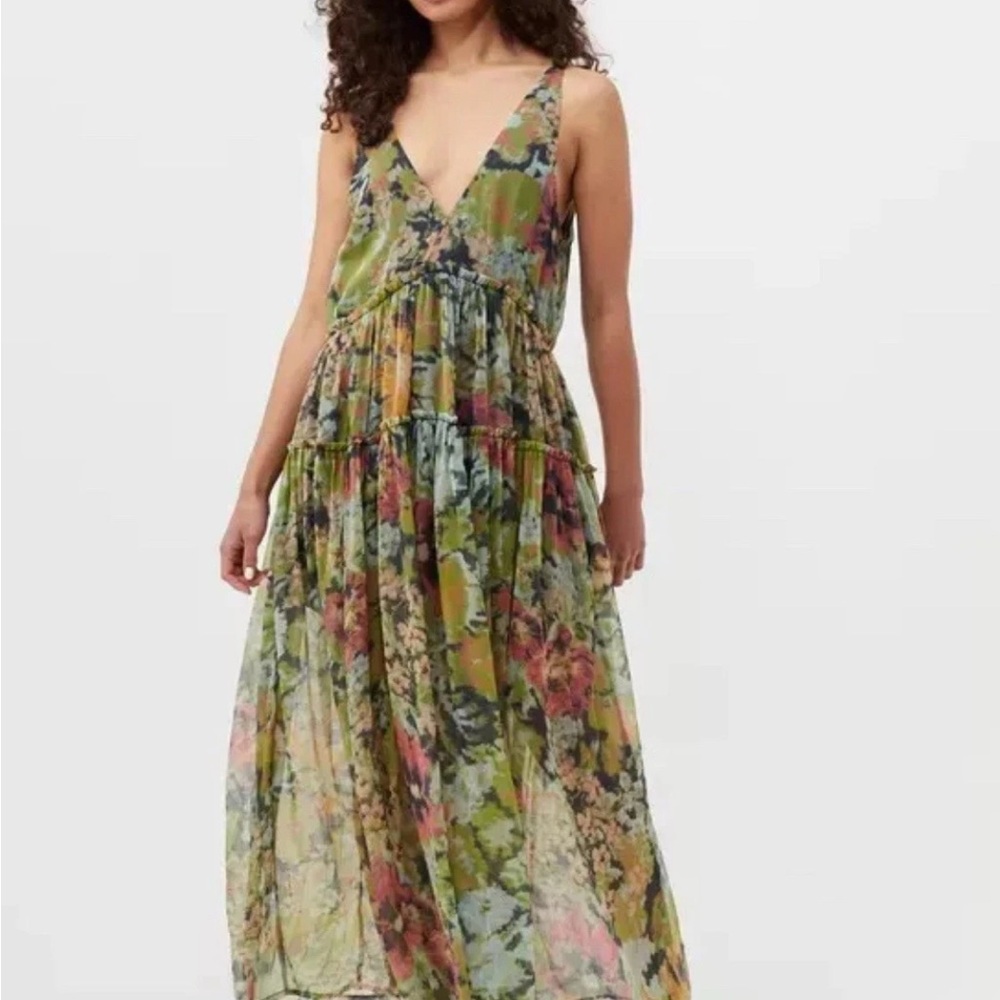 Free People Green Pink Sleeveless V-Neck Maxi Sundress
